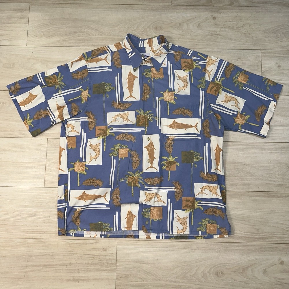 Reyn Spooner Size XL Hawaiian Shirt Blue Fish Palm Trees Ocean Sturgeon Cotton
